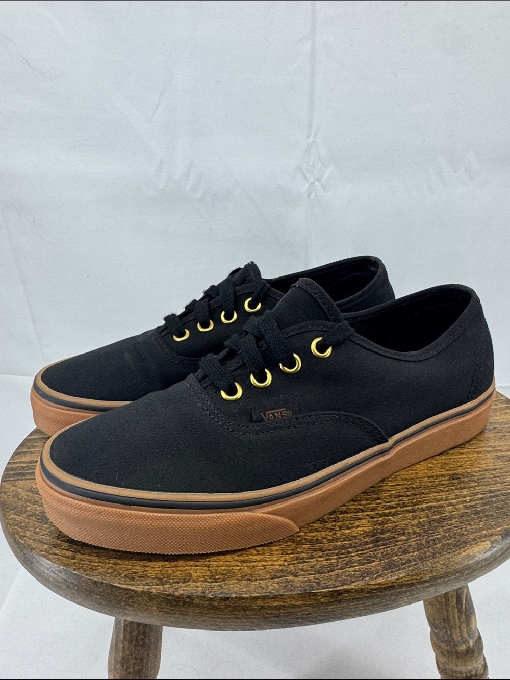 Vans Authentic Black Canvas Lace-up Sneakers, Gum Soles Gold Eyelets, M 6, W 7.5